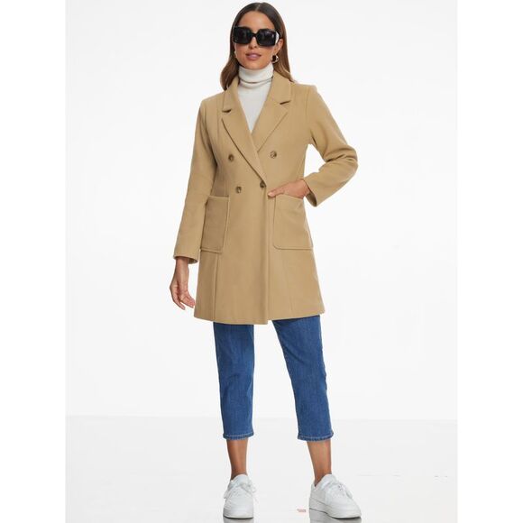 Notch Lapel Pea Coats Classic Double Breasted Winter Coats Khaki - Picture 4 of 7